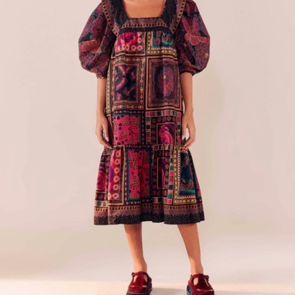 Nwt Farm Rio Mixed Scarves Frill Midi Dress